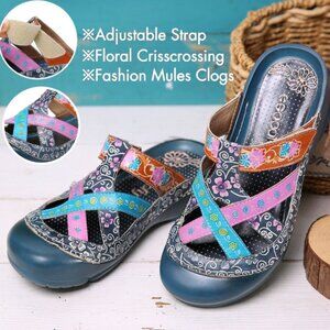 Socofy Shoe Women's Size ? Multicolor Leather Floral Clogs Slide Mule Sandal